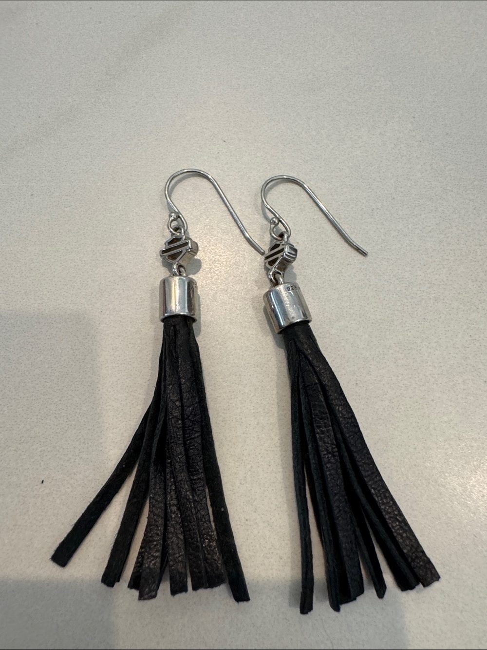 Harley-Davidson Black Leather Tassel Earrings with Silver Accents